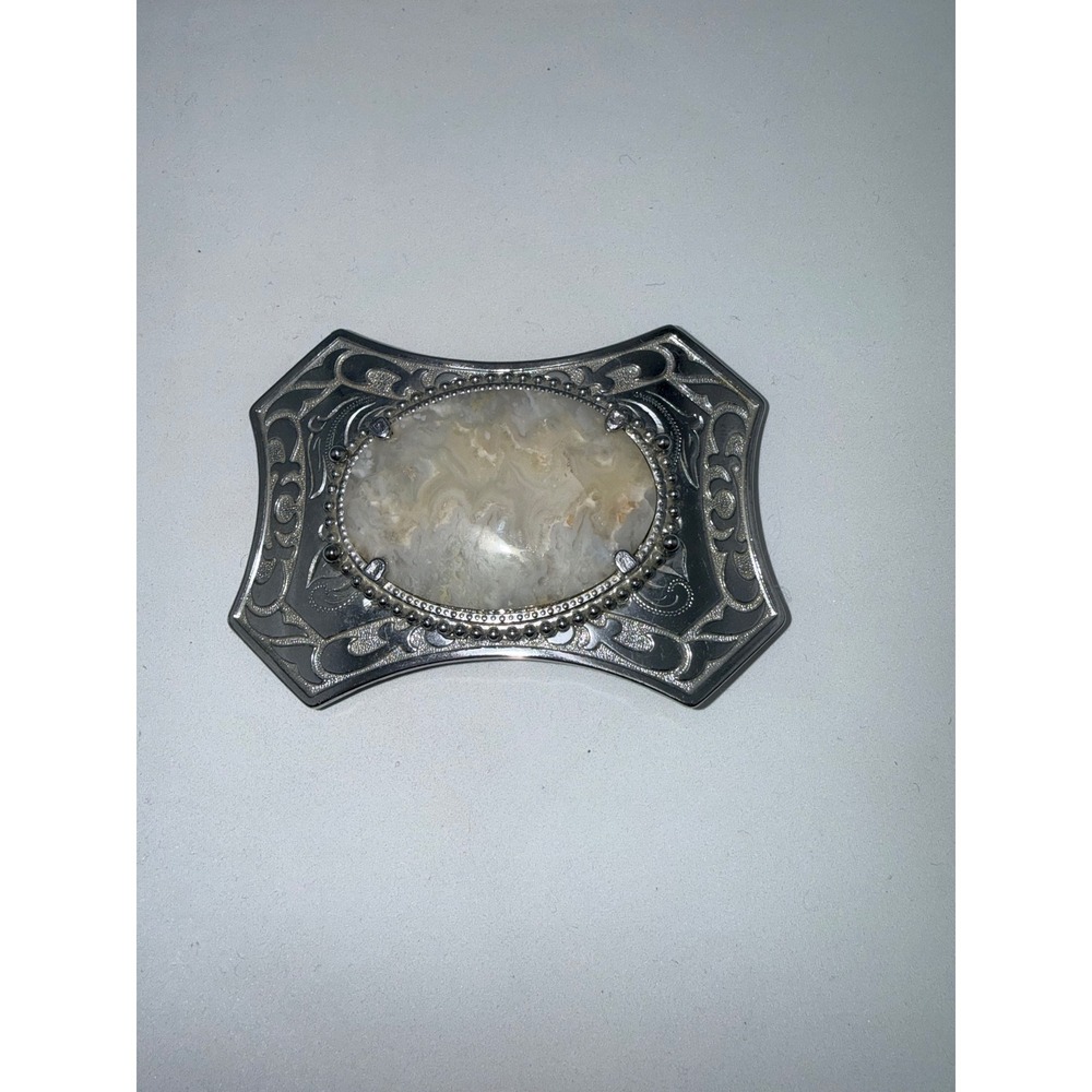 Western Belt Buckle Silver Agate Stone Scroll Engraved
